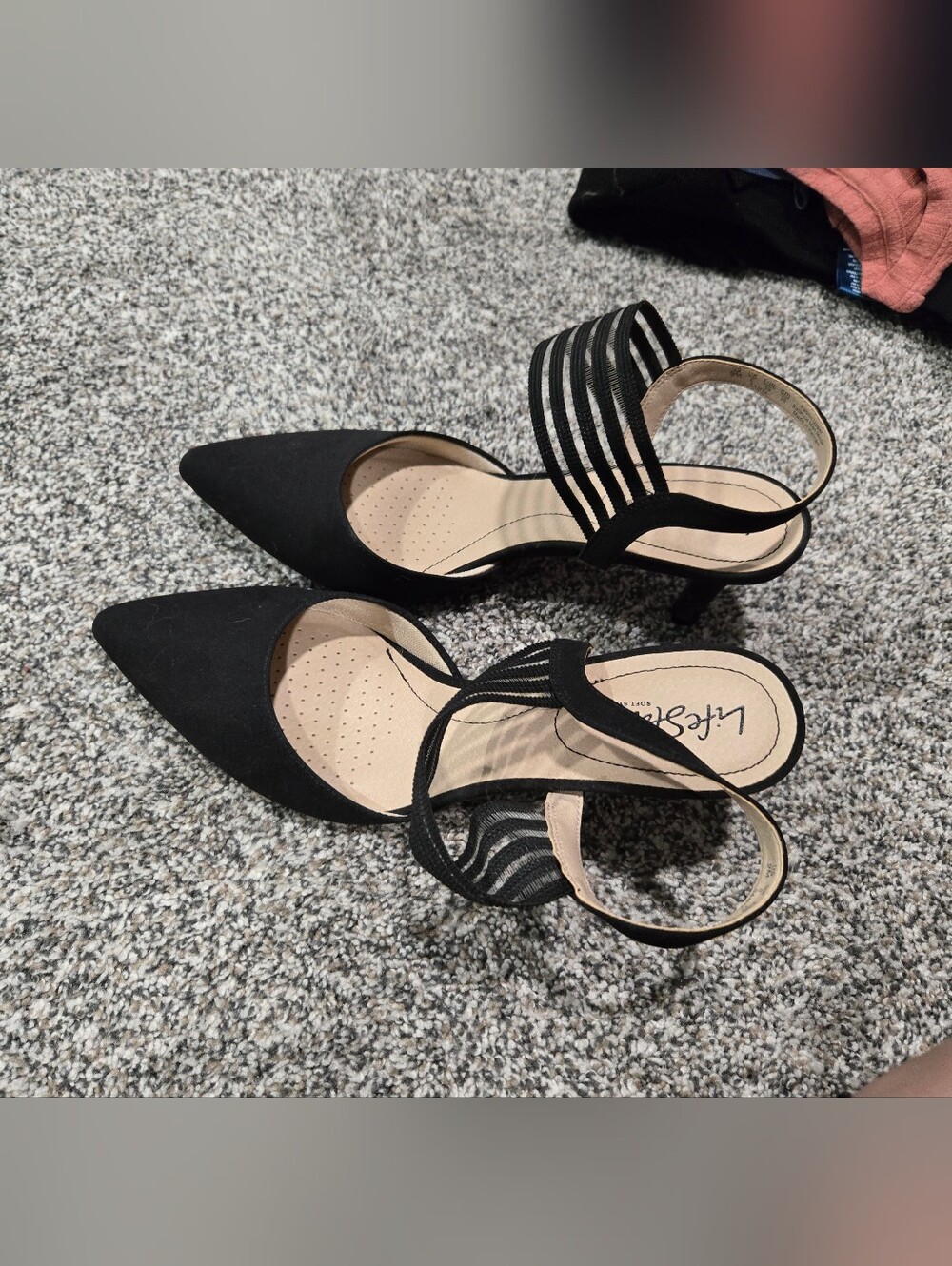 Life Stride Black Pointed-Toe Strappy Slingback Heels